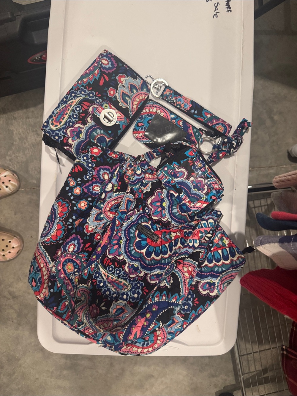 Vibrant Paisley Drawstring Bucket Bag with Matching Wallet - Blue/Pink